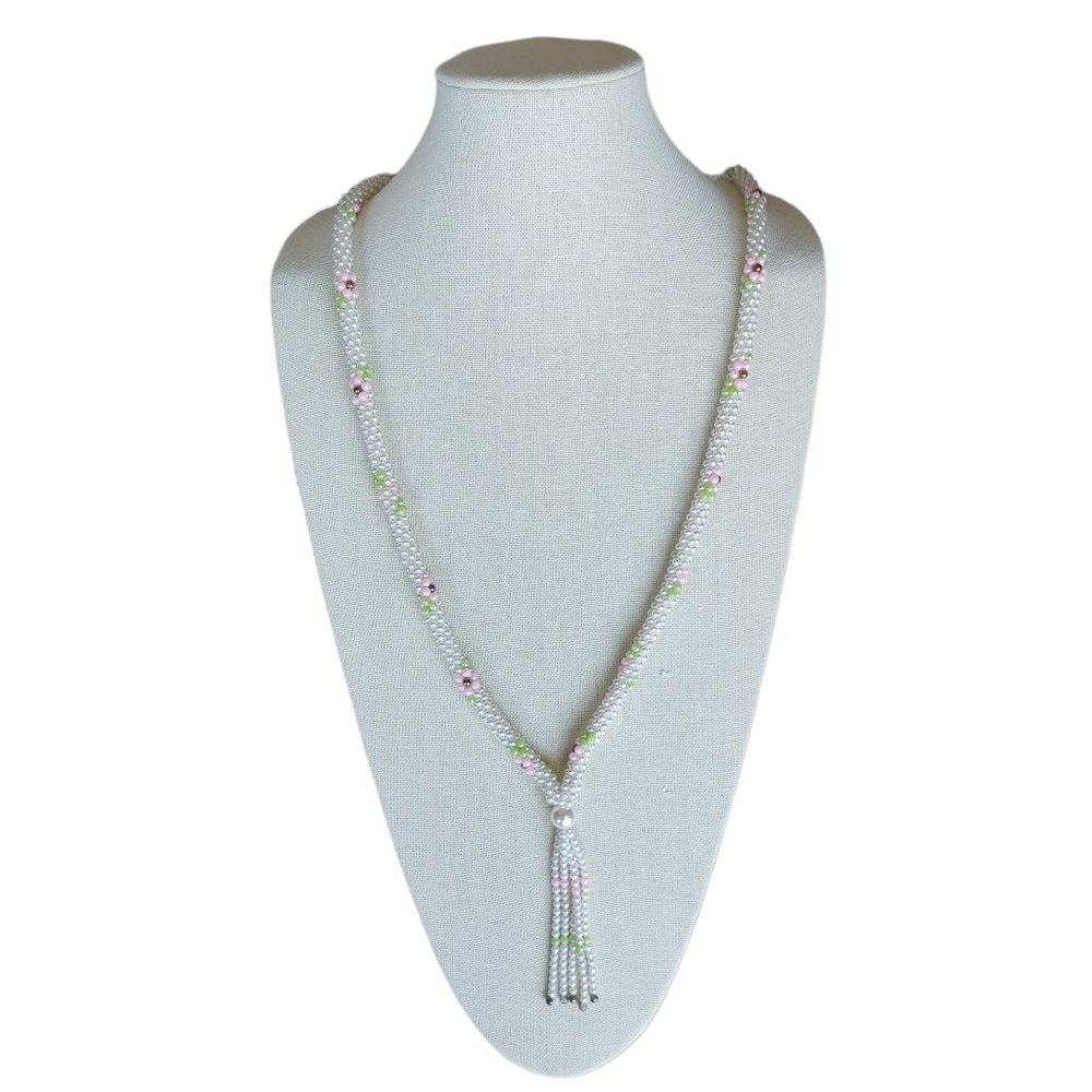 Vintage Flapper Faux Pearl Beaded Necklace Fringe Multicolor Flowers 1960s
